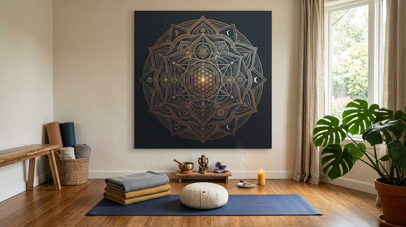 A dark, intricate gold mandala canvas hangs above a yoga mat, meditation cushion, and spiritual altar.