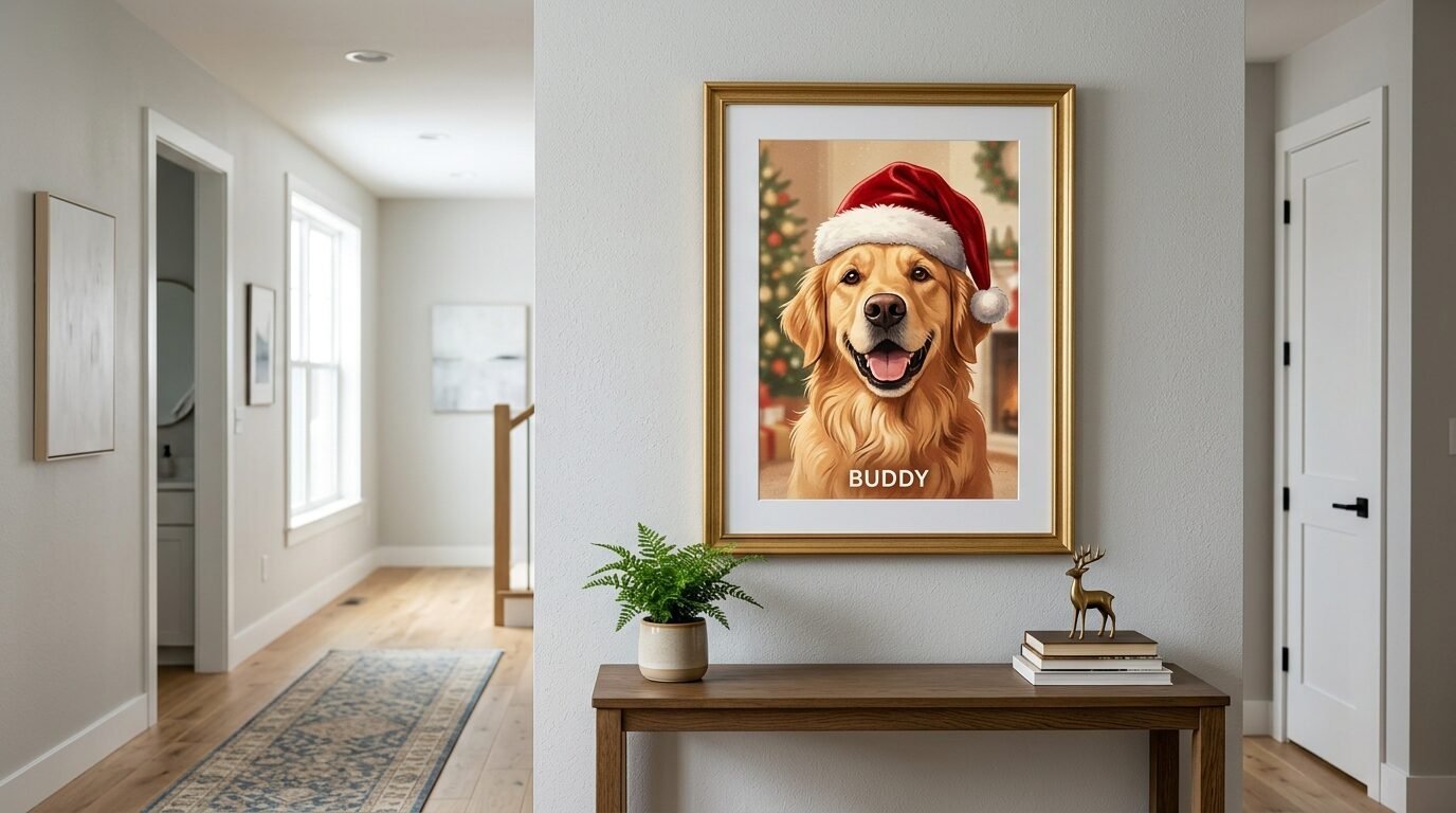 Portrait of a smiling dog named Buddy wearing a Santa hat, displayed in a gold frame on a home hallway wall.