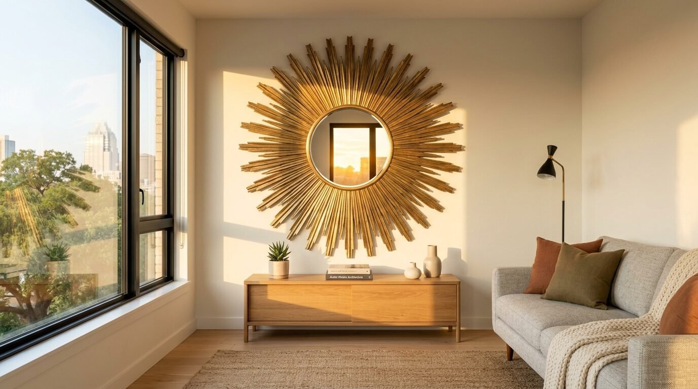 Round golden starburst wall mirror mounted above a wood media cabinet in a sunlit modern apartment.