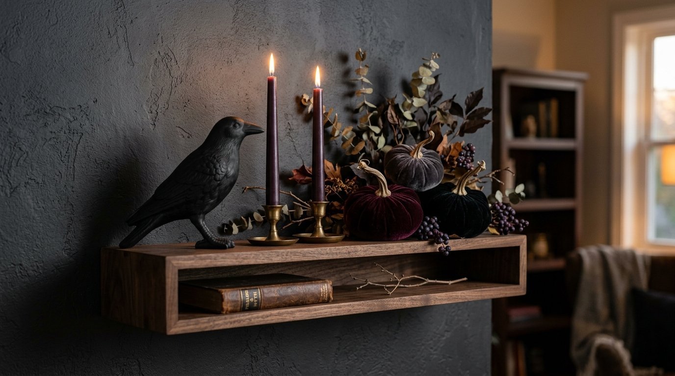 A dark wall shelf decorated with a black raven statue, lit taper candles, and velvet autumn pumpkins.