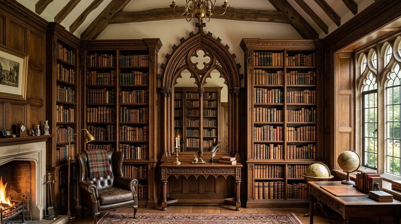 Classic study room featuring dark wood bookcases, a leather armchair, a fireplace, and two antique globes.