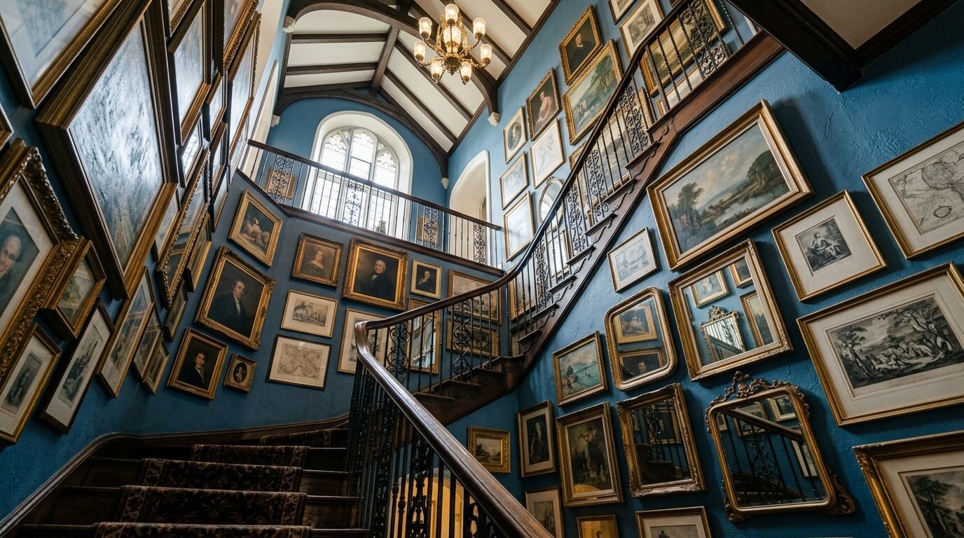 Looking up a ornate staircase with blue walls covered in diverse framed historical artwork and portraits.