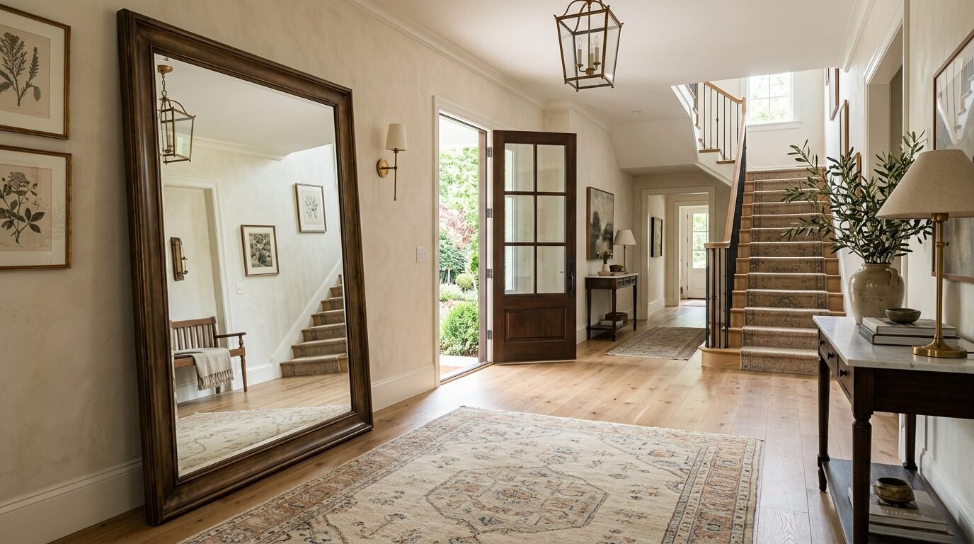Spacious house foyer featuring a large wood-framed mirror, patterned area rug, and a staircase with a runner.