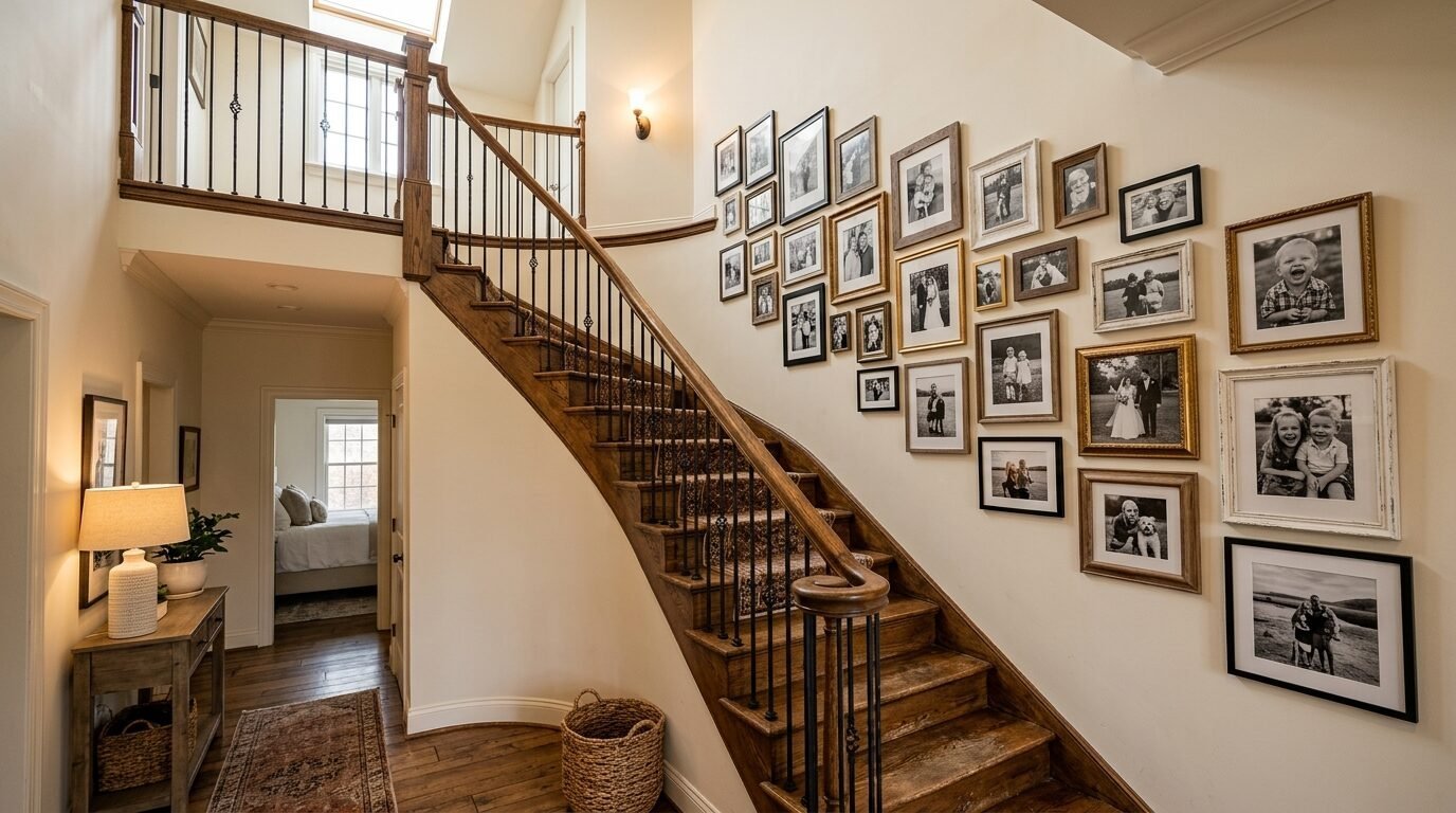 Curved wooden staircase in a bright home foyer with many framed black and white portraits displayed on the wall.