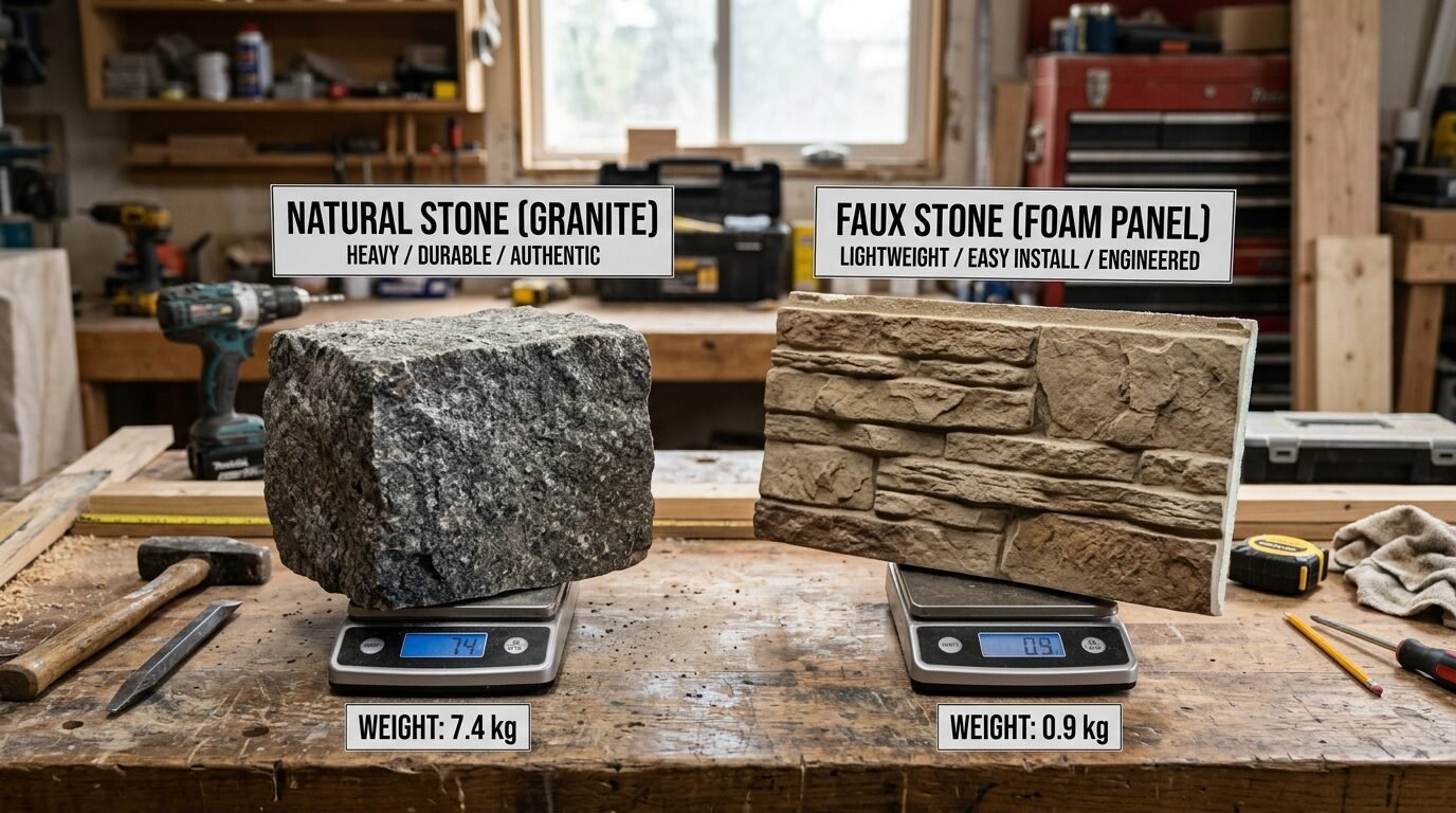A side by side weight comparison of a raw granite block and a synthetic foam stone panel on digital scales.