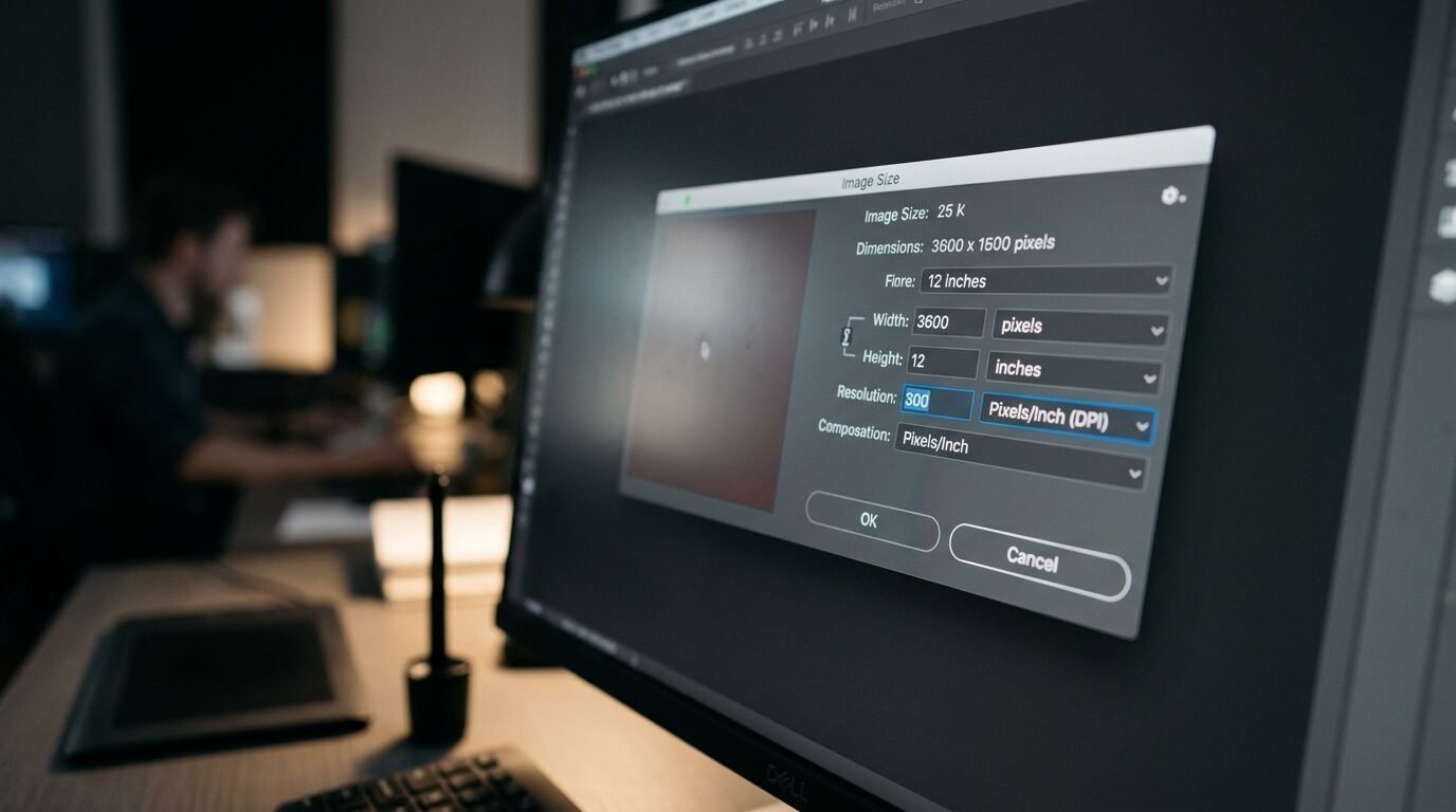 Close-up of a screen showing a 300 DPI image size dialog box in a design application.