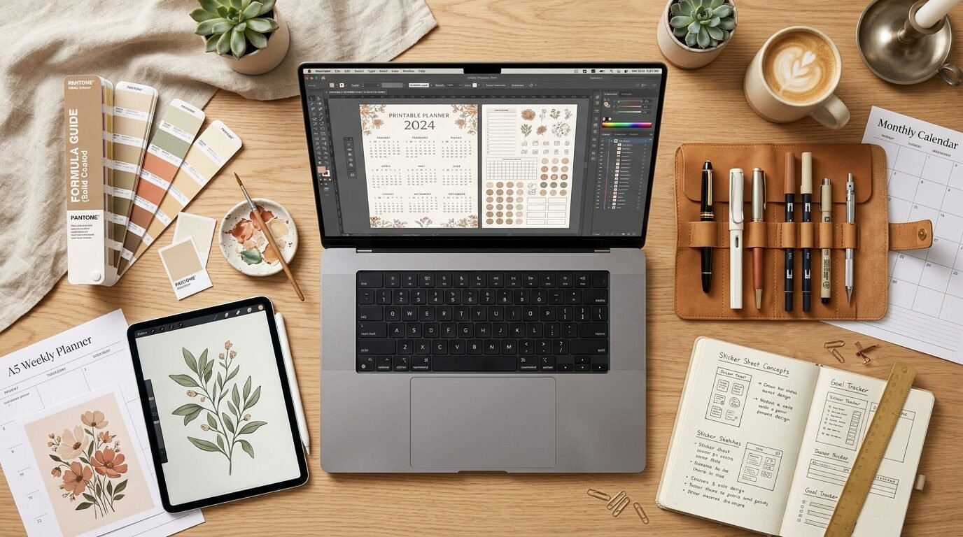 Top-down view of a desk with a laptop, digital tablet, planner papers, pens, and succulents.