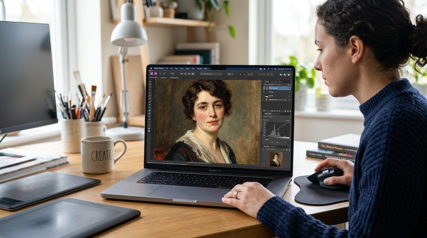Artist working on digital restoration of a classic oil painting using professional design software.