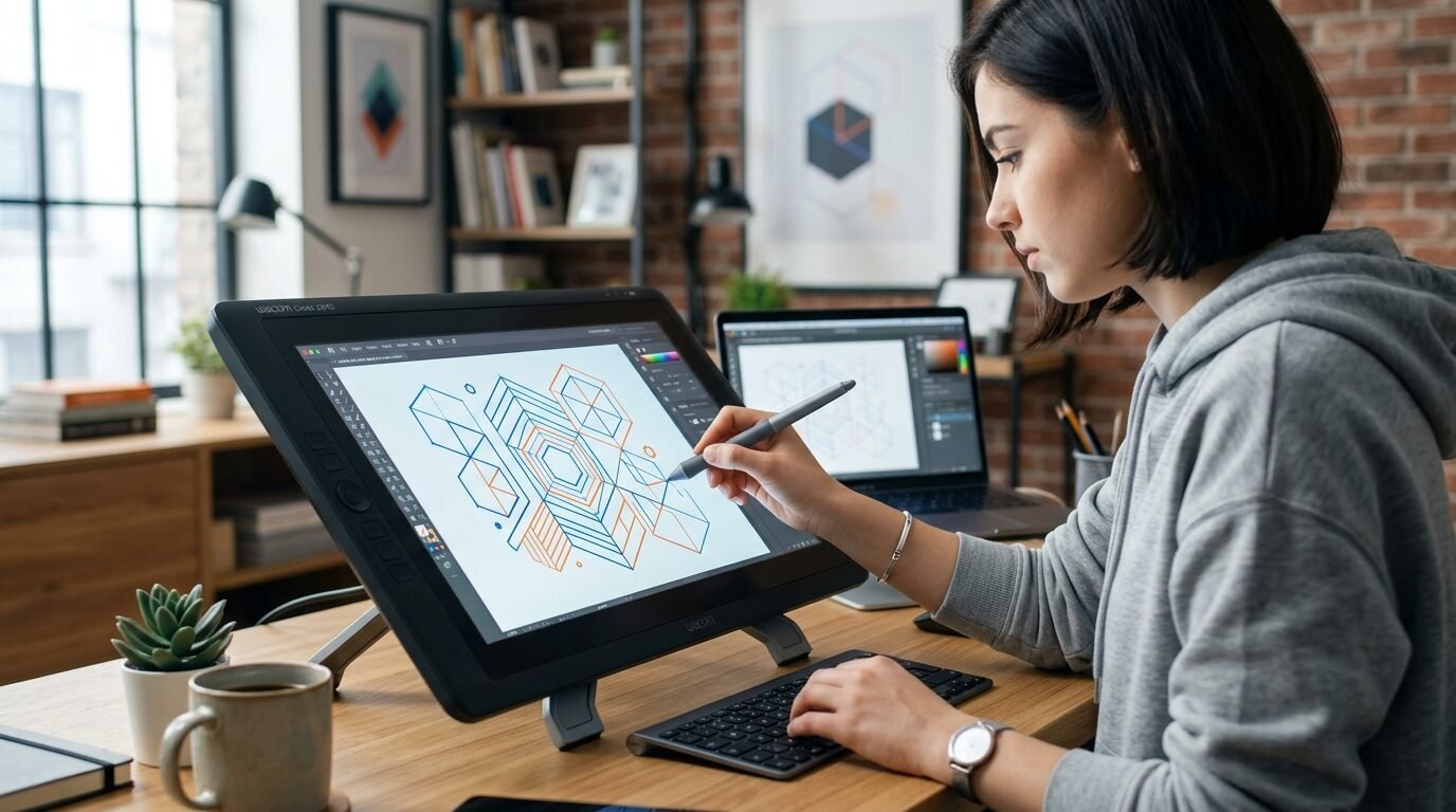 Artist drawing geometric shapes on a large Wacom pen display at a wooden office desk.