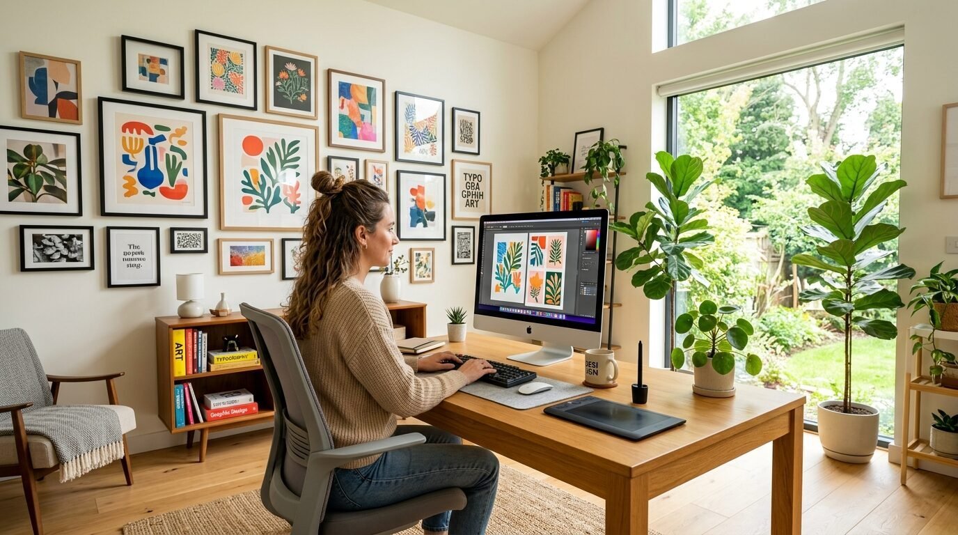 Woman working at a wooden desk in a bright sunlit office with a gallery wall of colorful art prints behind her.