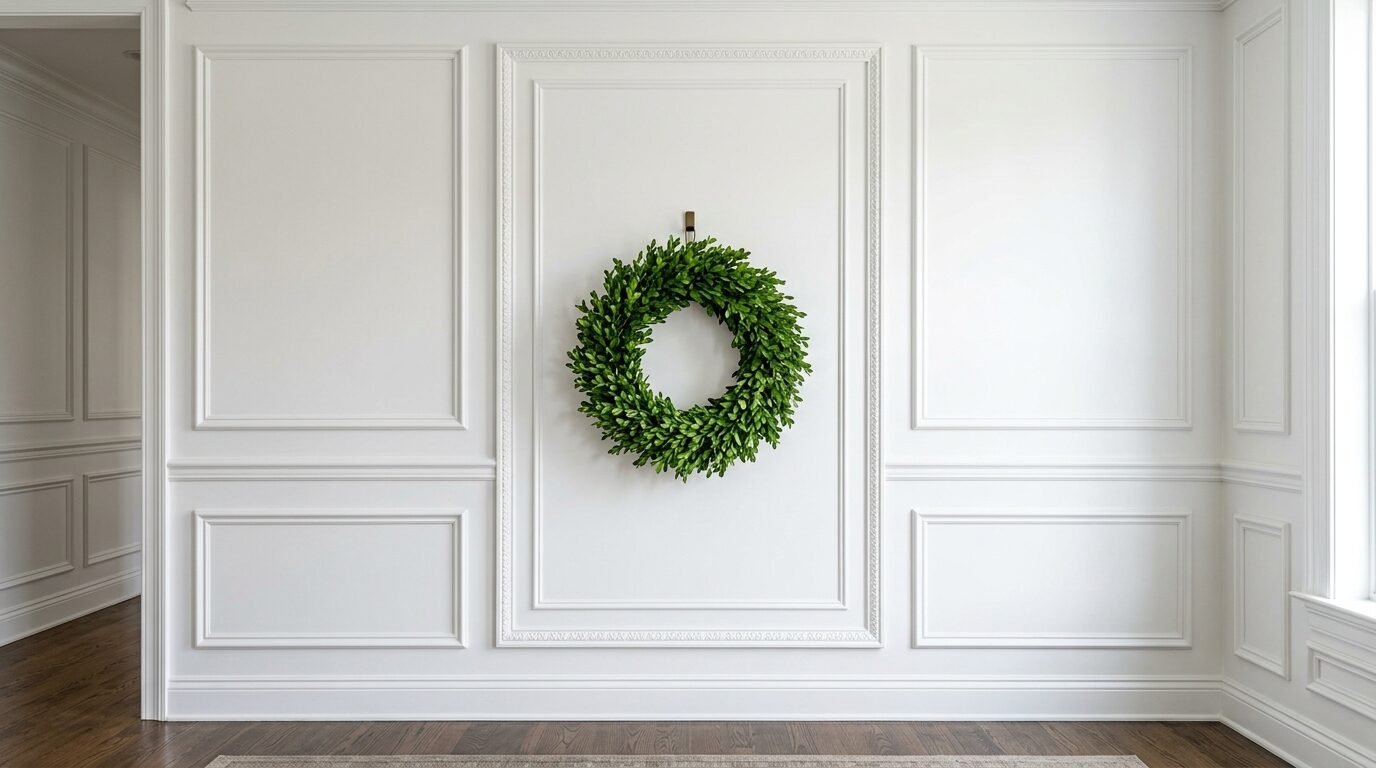 Decorative circular green leaf wreath centered on a white paneled wall with molding.