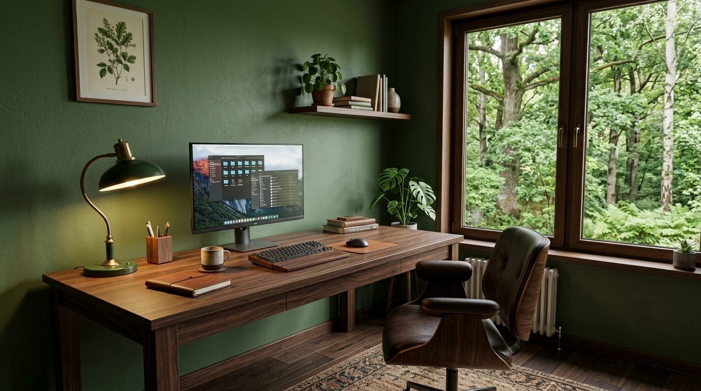 Modern desk workspace featuring a computer, green wall, and a large window looking out onto a lush forest.