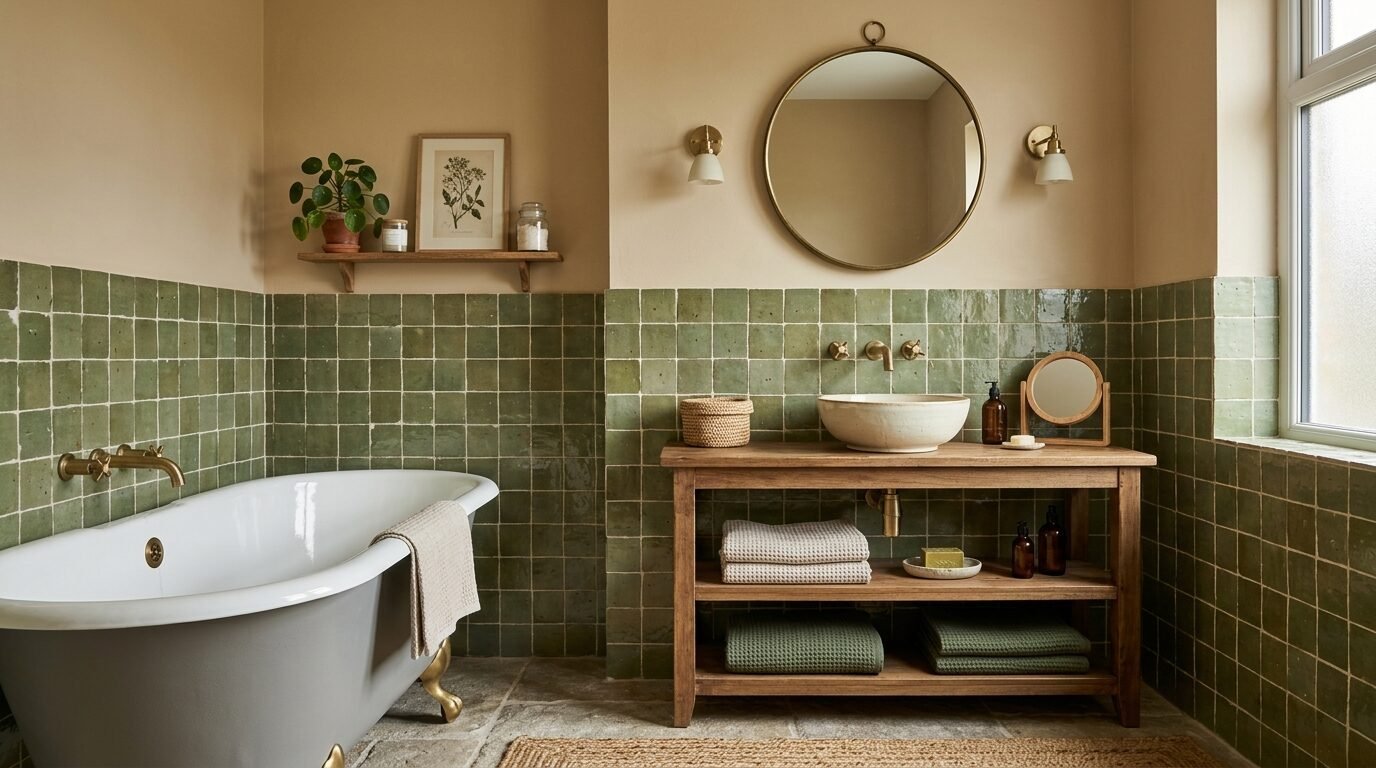 A beige bathroom with sage green square wall tiles, a clawfoot bathtub, and a wood console sink setup.