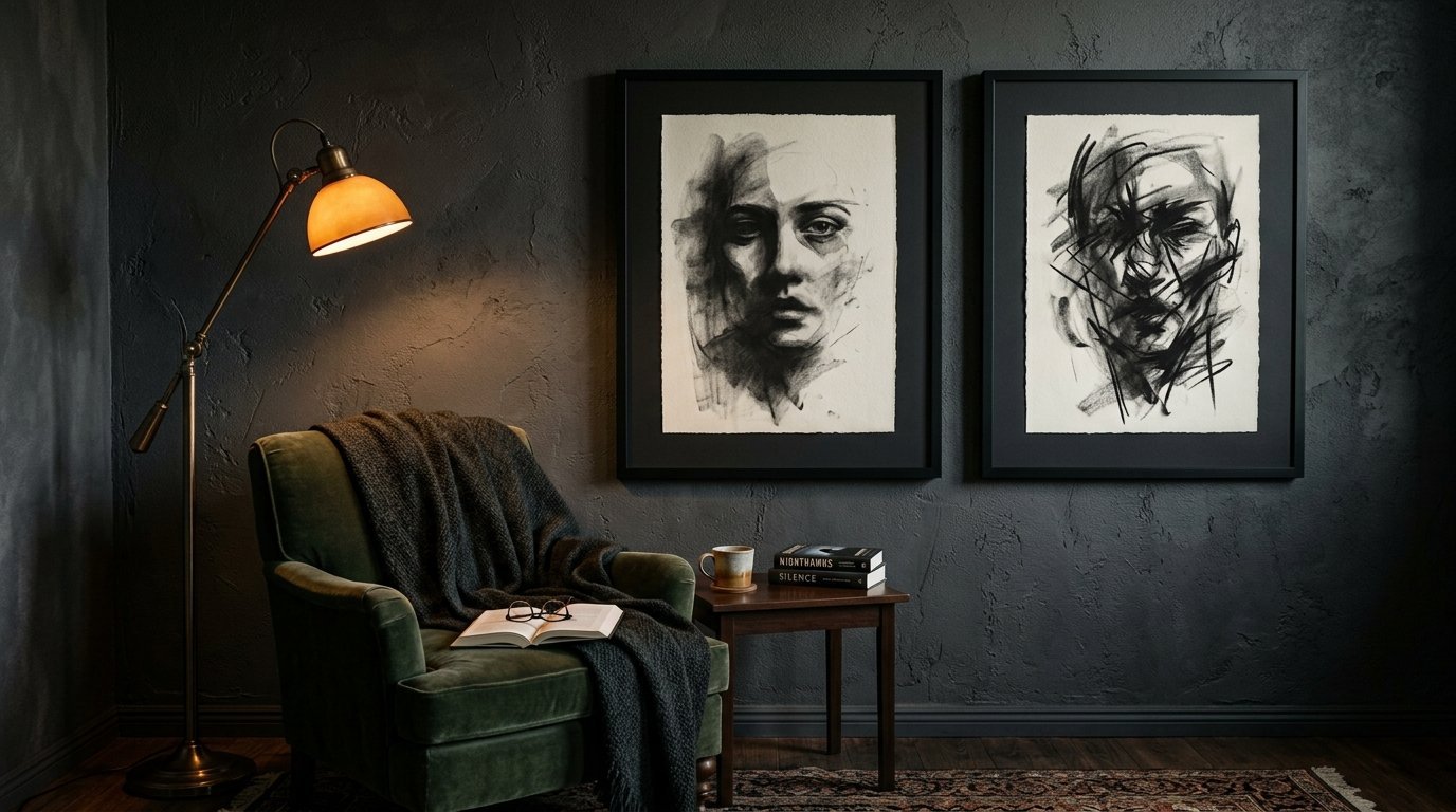 A plush green velvet chair with a blanket and book stands beside a floor lamp and two framed charcoal portrait sketches.