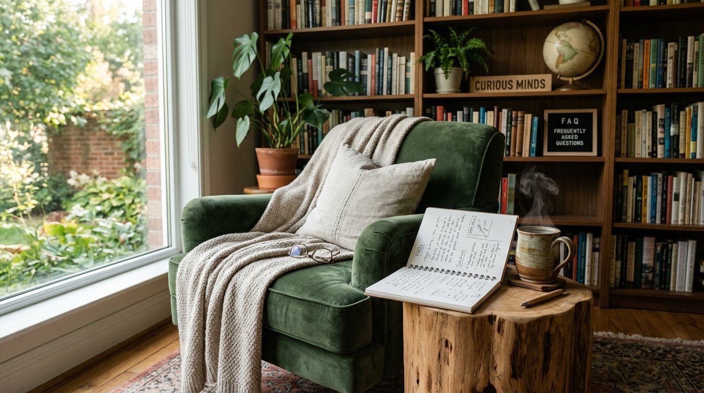 A plush green armchair sits by a window next to a wooden stump table featuring a steaming cup and open notebook.