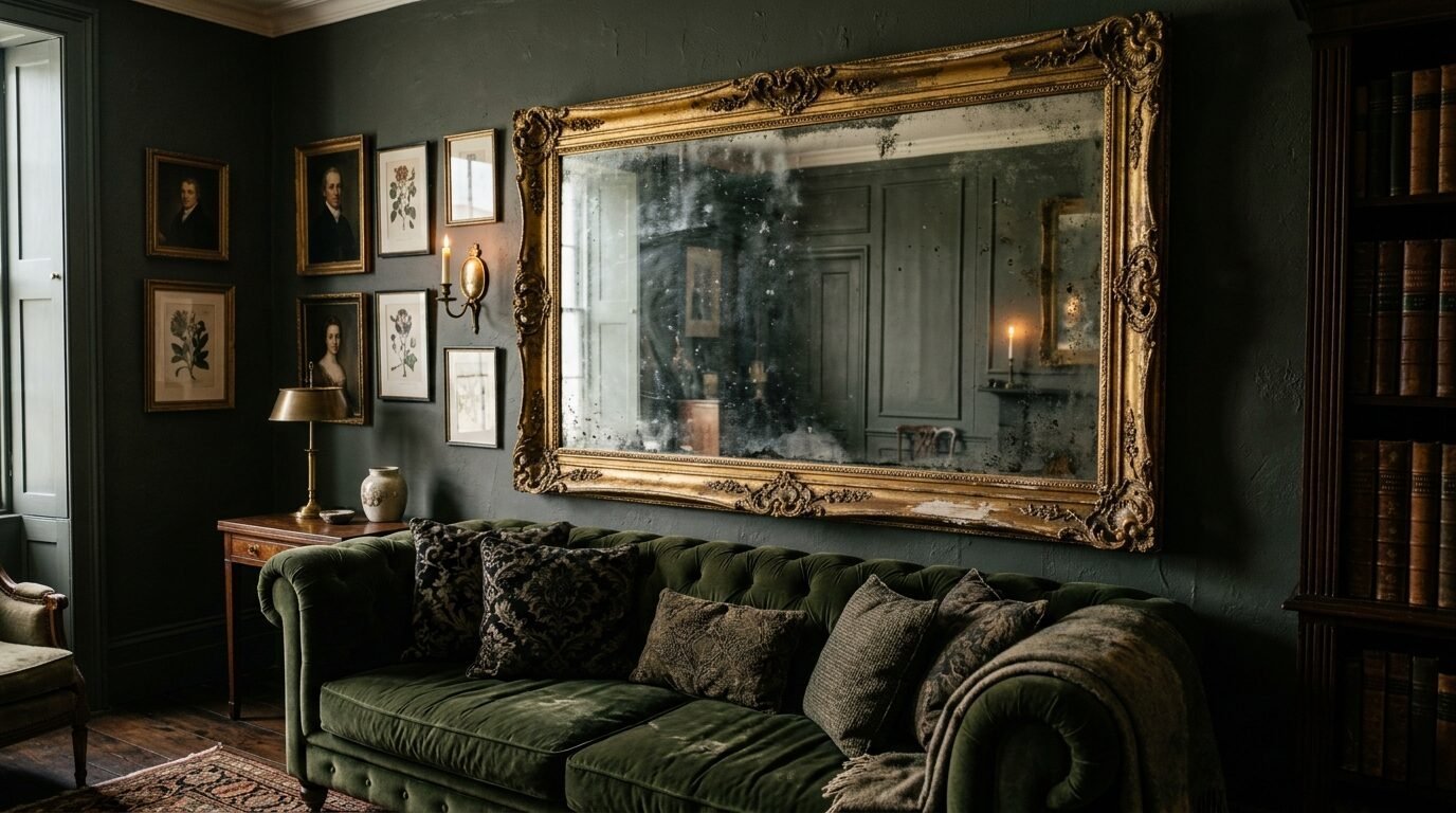 An ornate gold mirror hangs over a plush emerald green chesterfield couch in a dimly lit study with framed portraits.