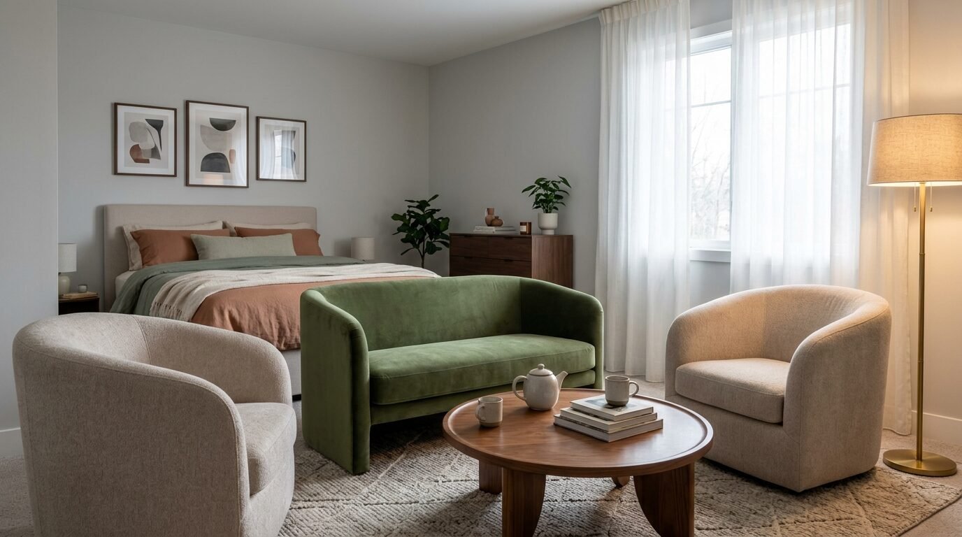 Modern bedroom featuring a green velvet loveseat, two beige chairs, and a round wooden coffee table on a patterned rug.