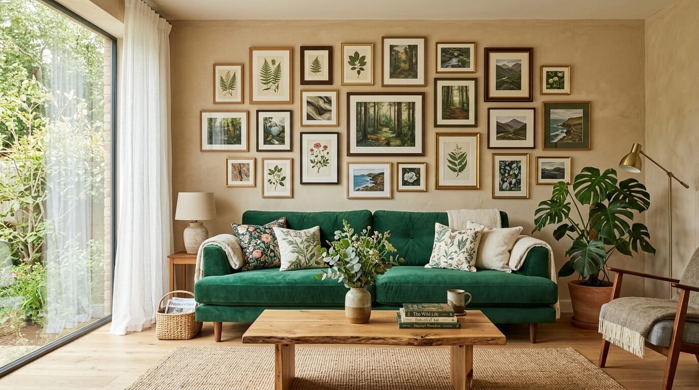 Plush emerald green sofa featuring a large collection of nature-themed framed art prints on the wall behind it.