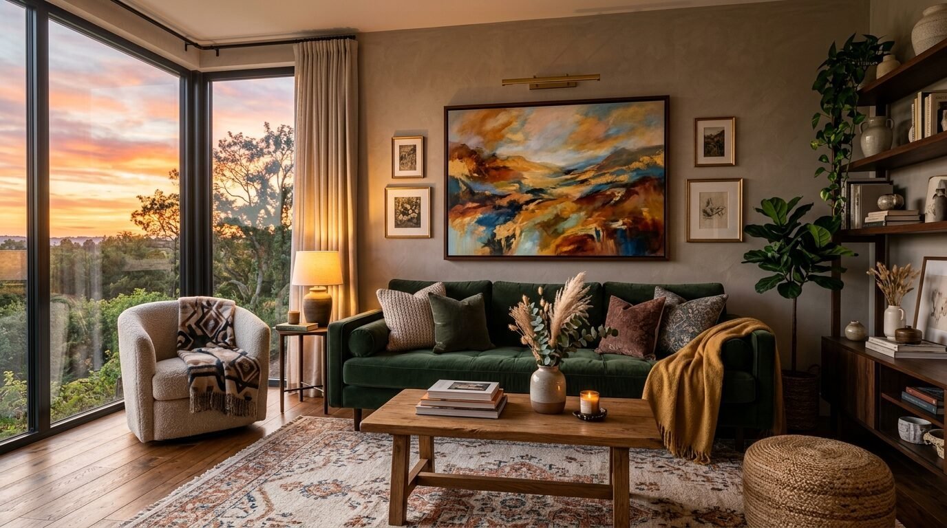 Modern living room with a green couch, large abstract painting, and floor-to-ceiling windows showing a scenic sunset.