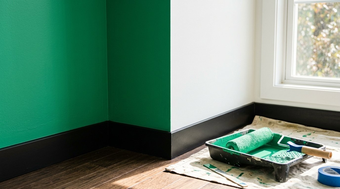 A paint roller and tray sit on a drop cloth next to a vibrant green wall and dark wood trim.