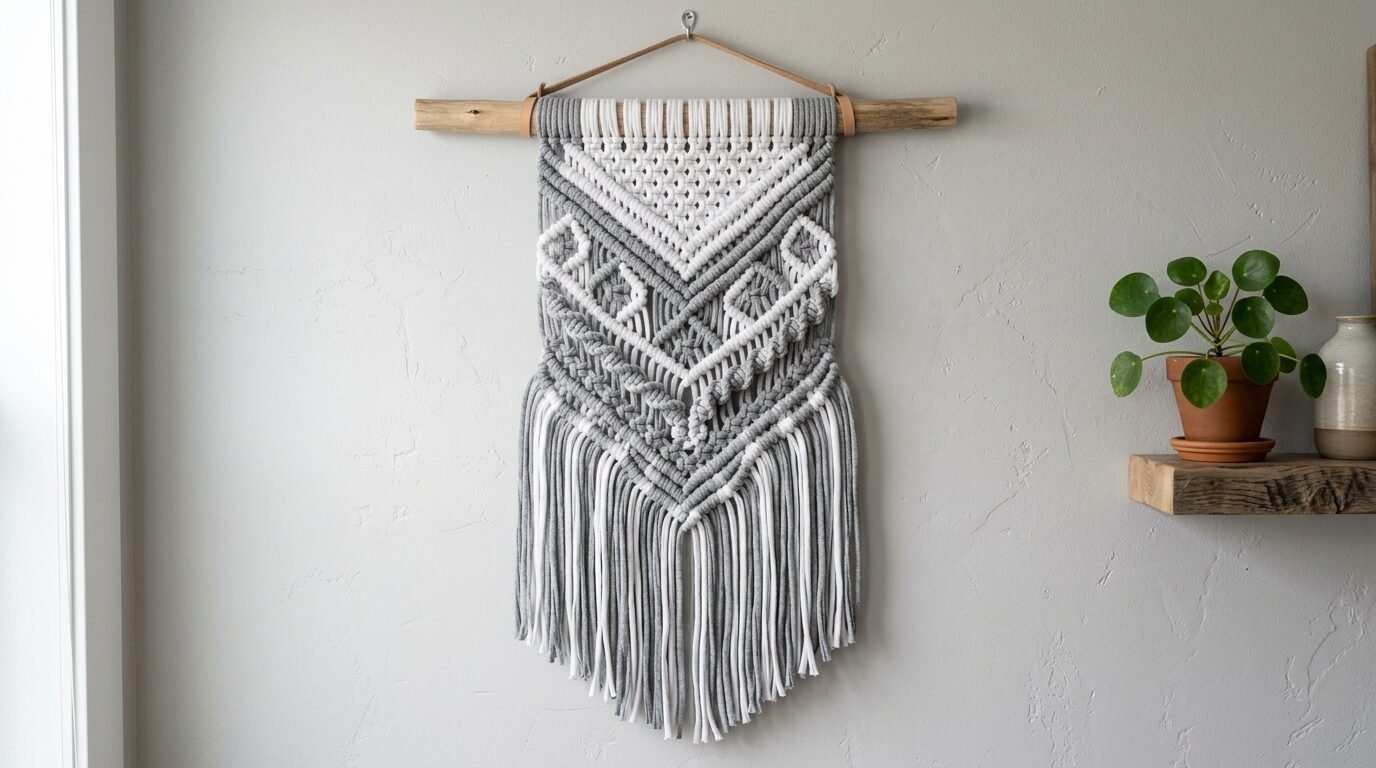 Handmade macrame fiber art with geometric patterns hanging from a natural wooden dowel on a neutral wall.
