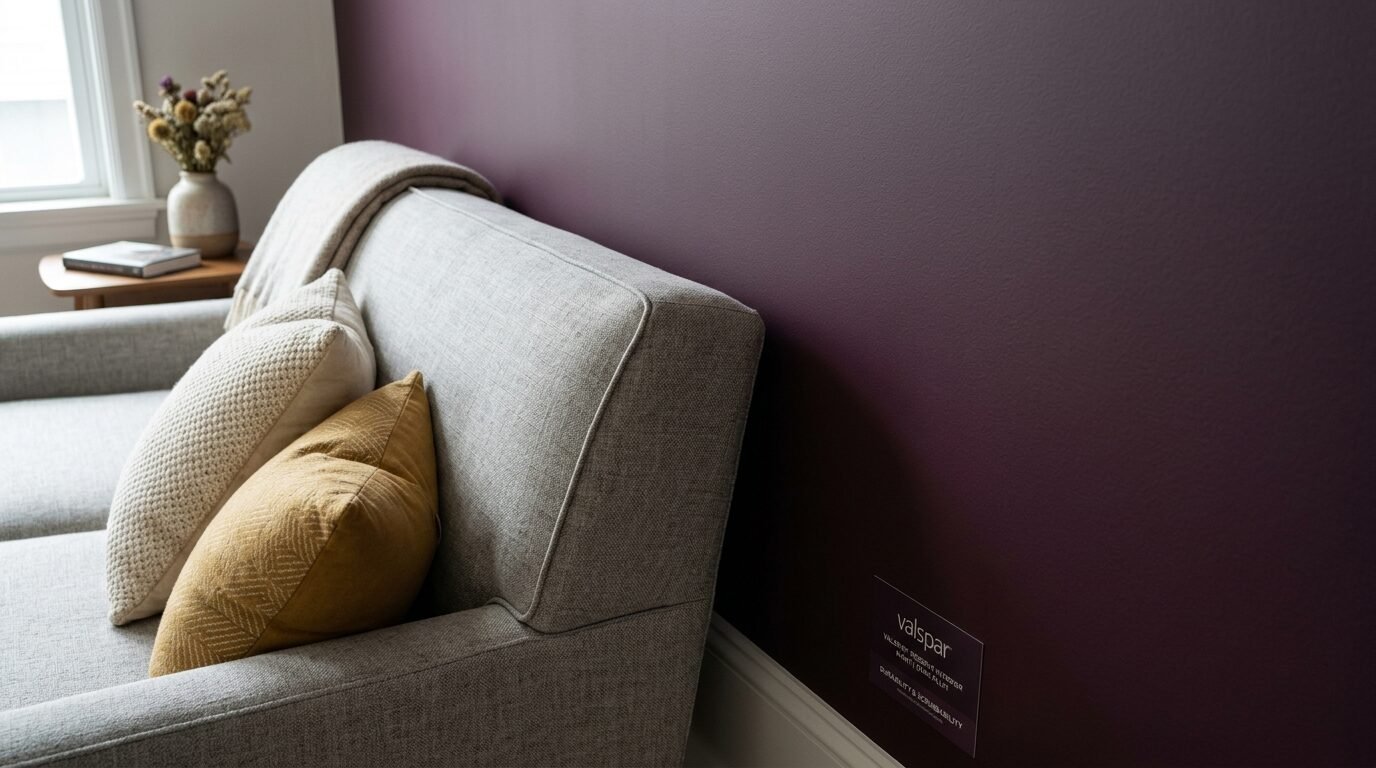 A grey upholstered couch with mustard pillows sits beside a dark plum painted wall with a Valspar paint sample sticker.