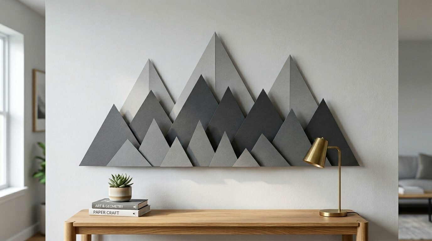 Decorative 3D mountain wall art made of layered grey triangles hanging over a desk with a lamp and books.