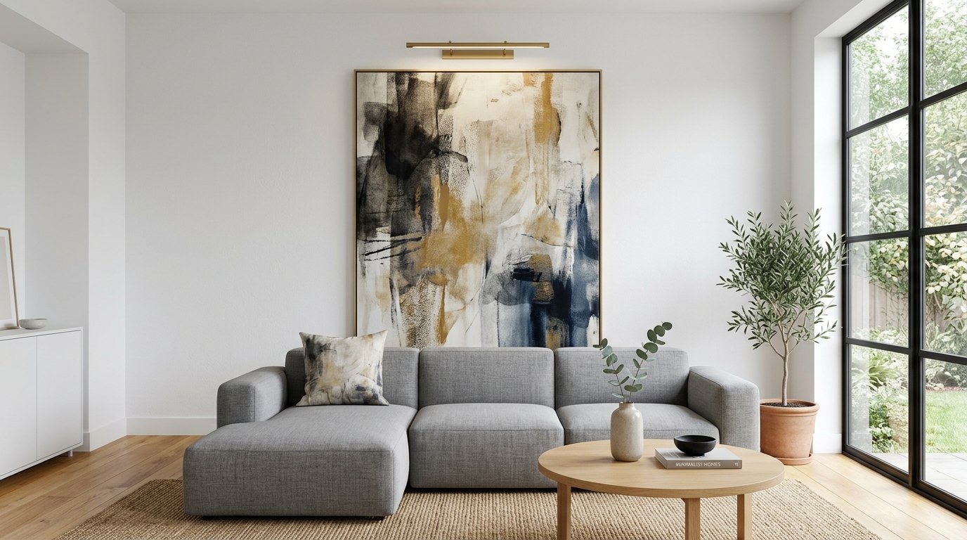 A grey sectional couch in a bright room featuring an abstract painting with gold, blue, and black tones.