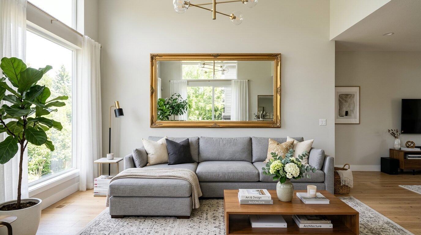 Modern grey sectional couch with throw pillows and a wooden coffee table in a bright, airy living room space.