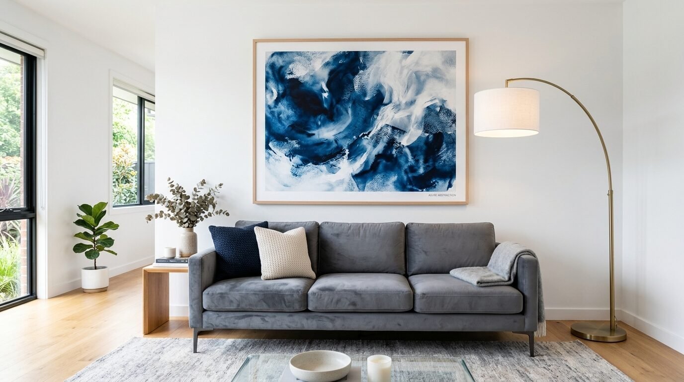 Grey velvet couch sits under a large framed blue and white abstract art print in a minimalist living room.