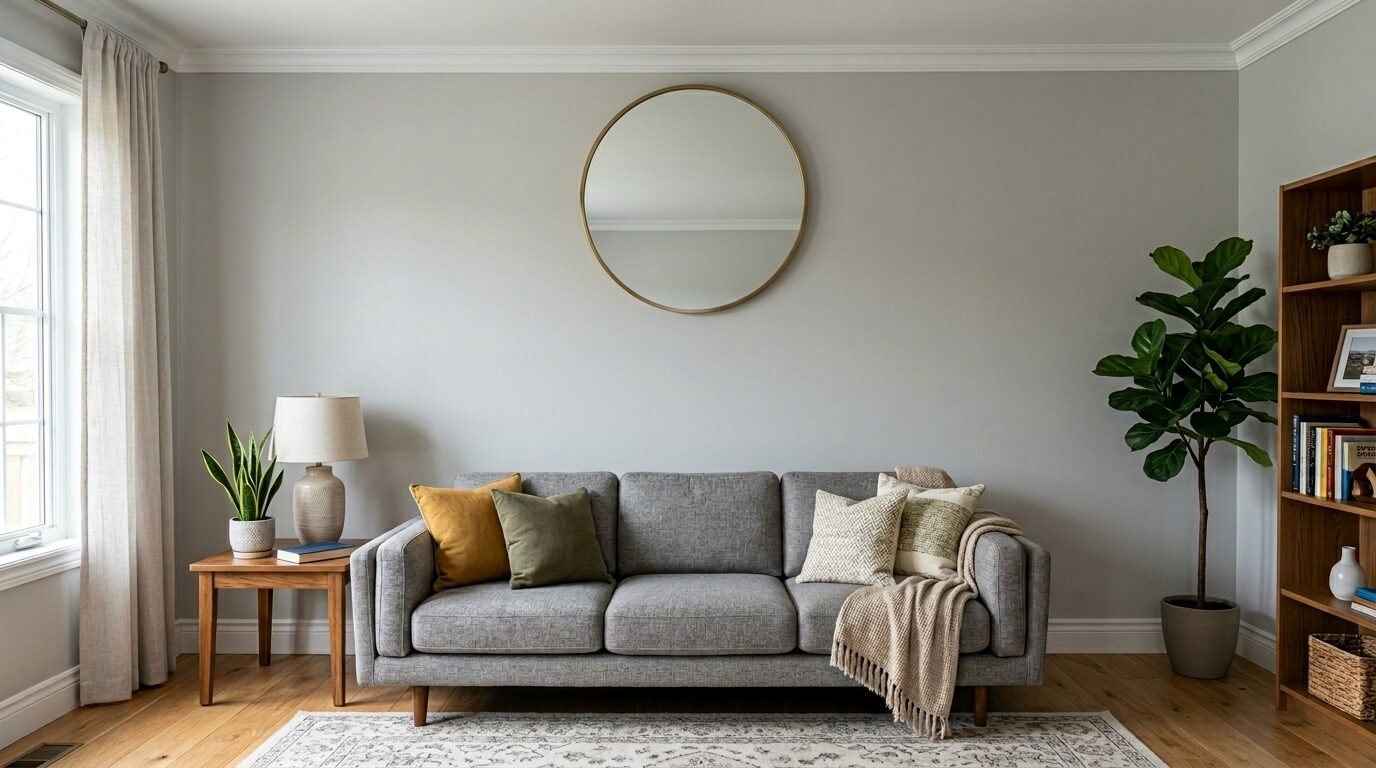 A grey couch with colorful throw pillows sits below a round mirror in a sunlit room with a wooden bookshelf.