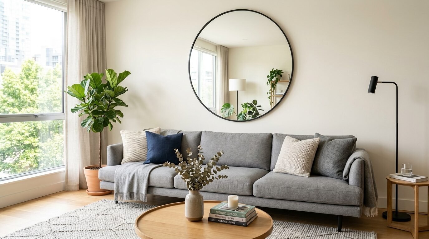 Modern grey sofa with decorative pillows below a large black round mirror in a sunlit living space.