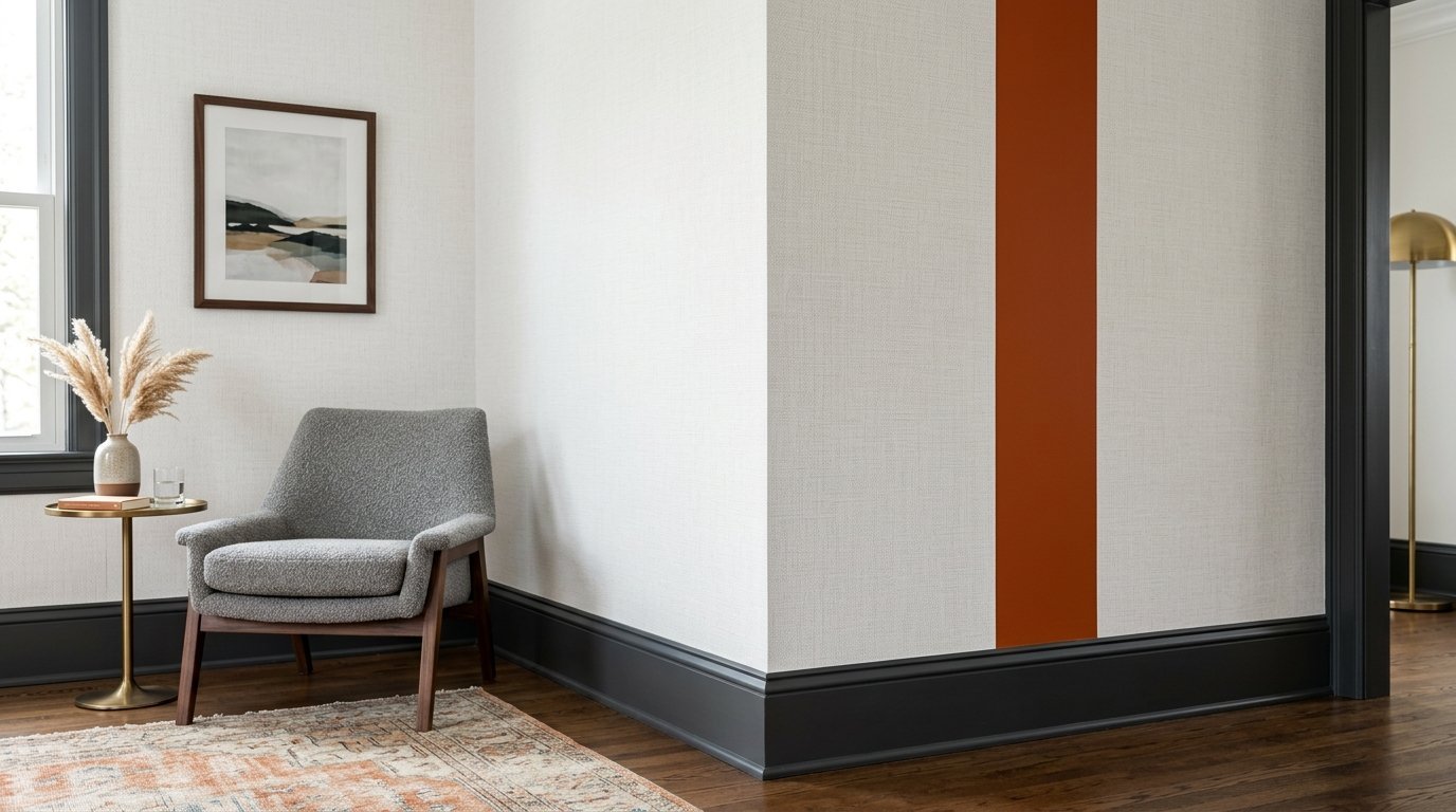 A textured grey chair sits on a patterned rug next to an orange vertical stripe on a white wall.