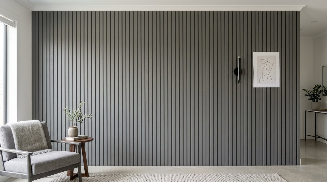 A grey vertical wood panel wall featuring a single wall sconce, framed line art, and a grey upholstered lounge chair.