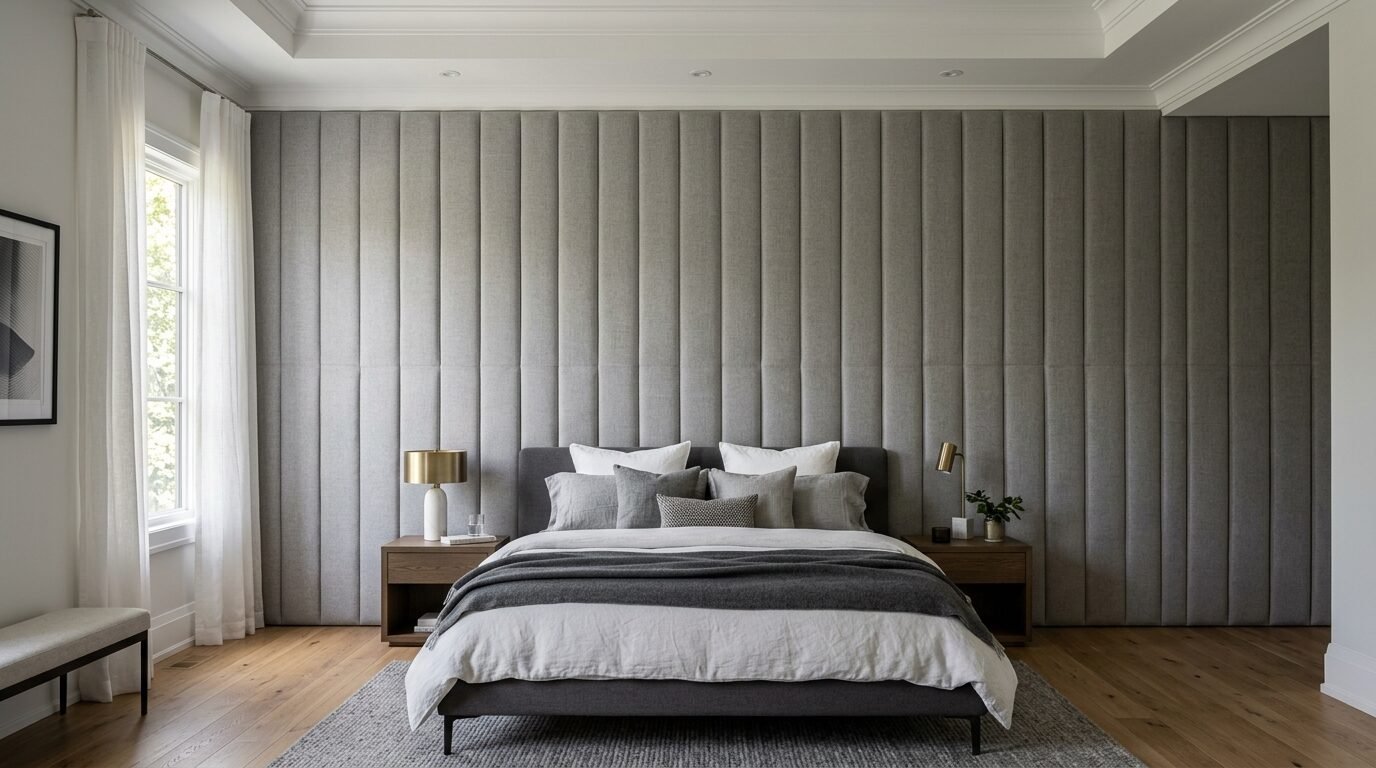 Modern bedroom with a tall vertical channel-tufted upholstered feature wall behind a grey fabric platform bed.