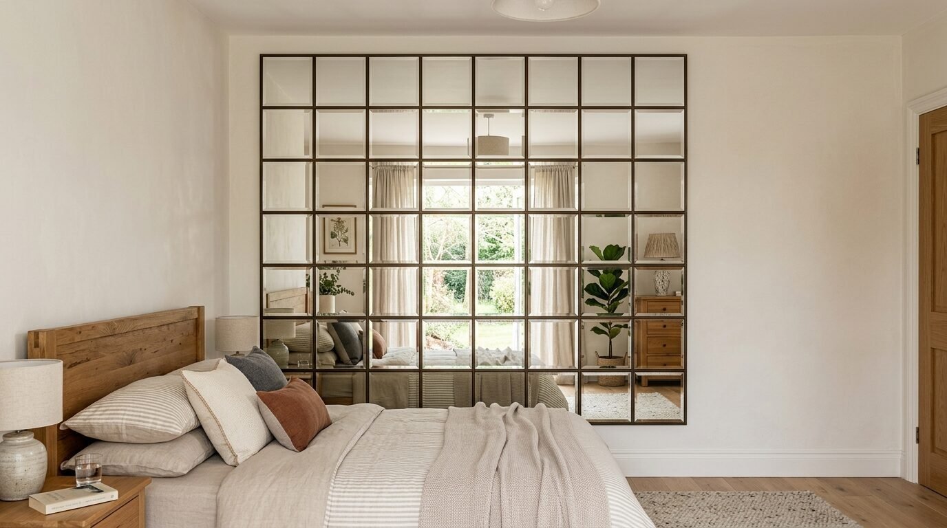 A square grid mirror reflecting a bright room with beige curtains and a green indoor plant.