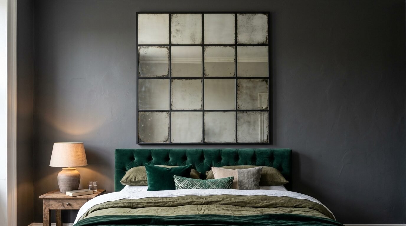 A bedroom with charcoal walls features a large sixteen-pane distressed mirror over a tufted emerald headboard.