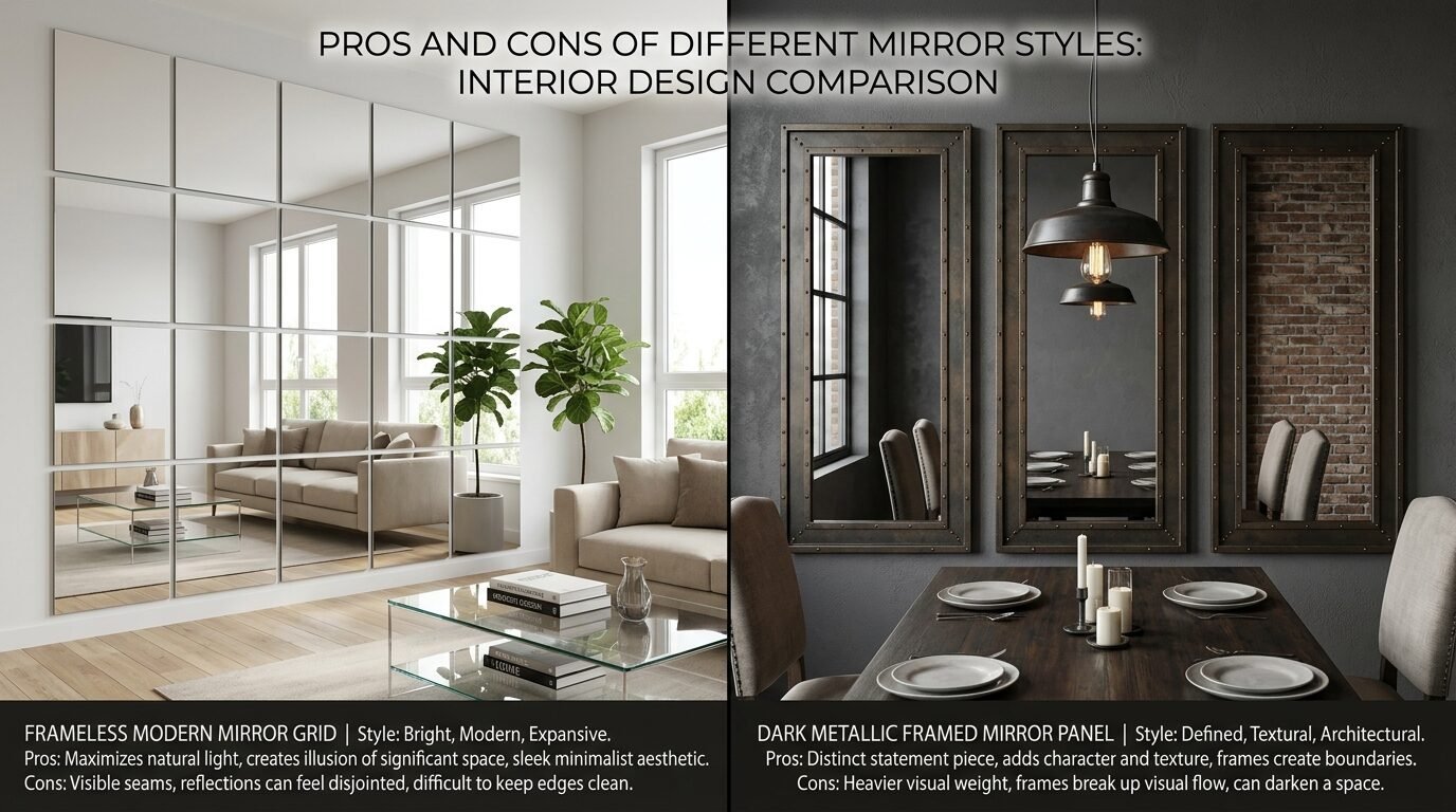 Split screen comparing a large modern frameless grid mirror wall to three dark metallic industrial framed mirrors.