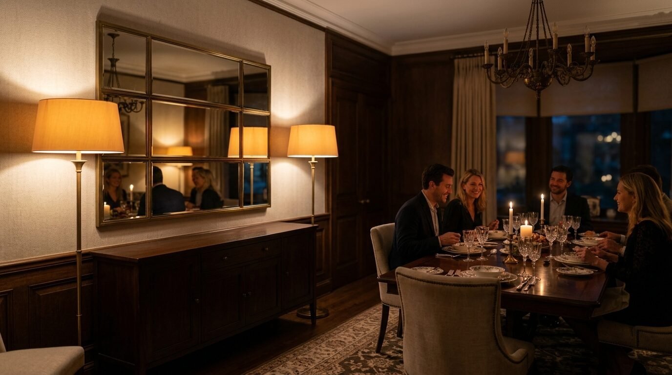 Four people laughing at a wooden dining table illuminated by candles and brass lamps in a dark wood paneled room.