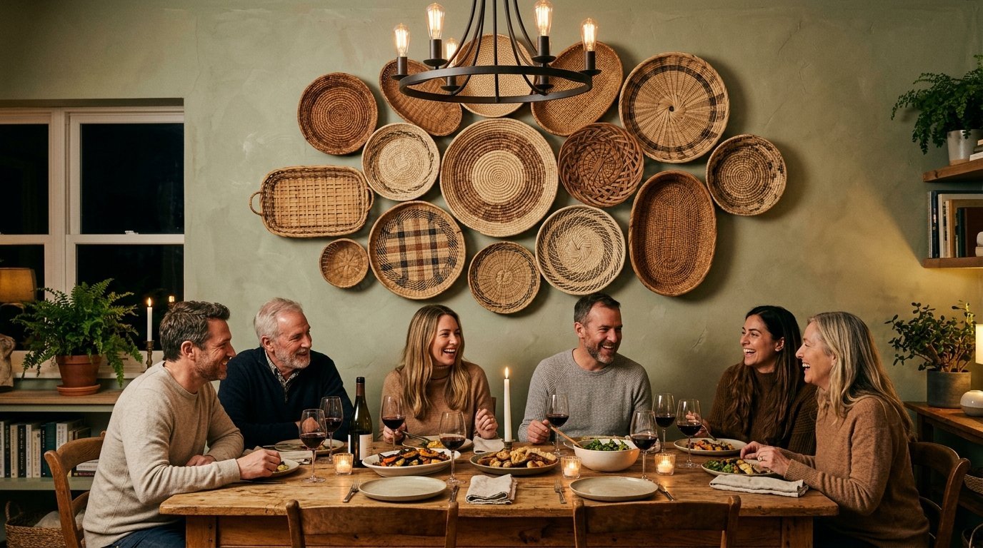A multi-generational group of friends laughing together while eating at a wooden table decorated with hanging wicker trays.