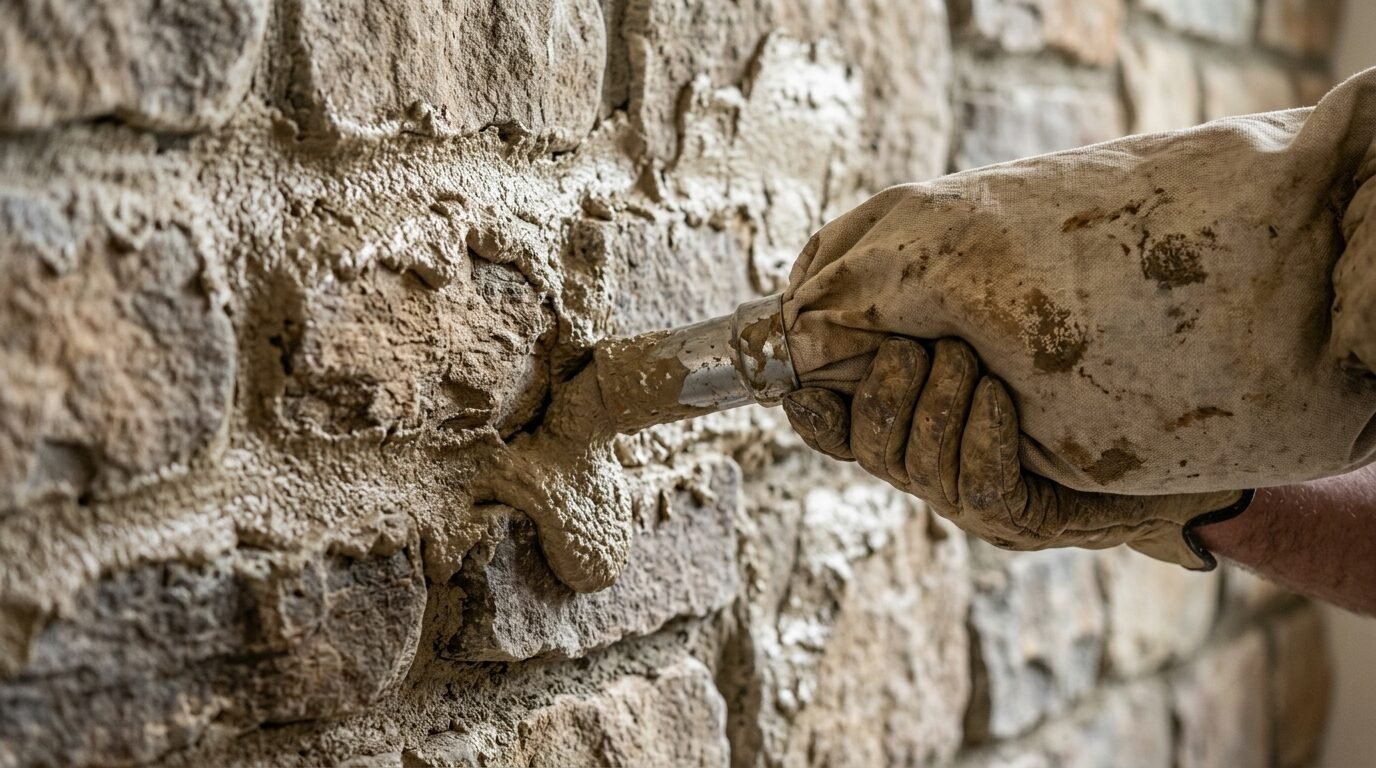 Close-up of a worker wearing gloves using a grout bag to fill gaps between exterior stone masonry.
