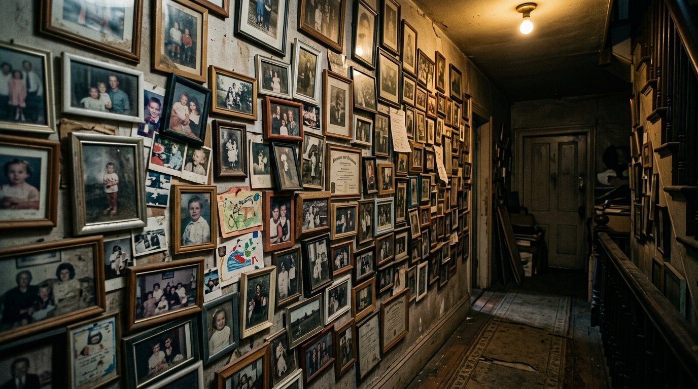 Narrow corridor with walls covered in numerous framed photographs and documents under a single ceiling light.