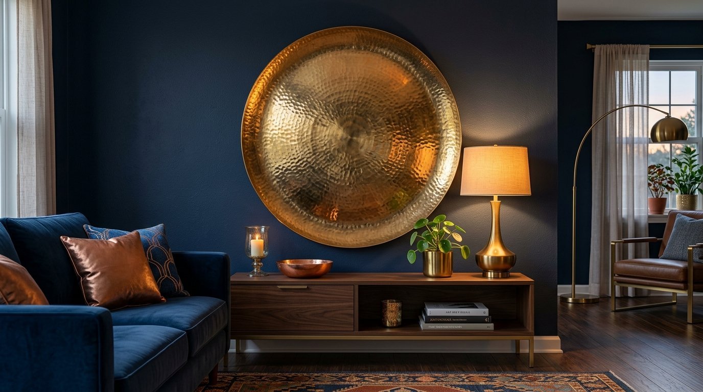 A round metallic textured wall art piece hanging on a navy blue living room wall above a wooden media console.