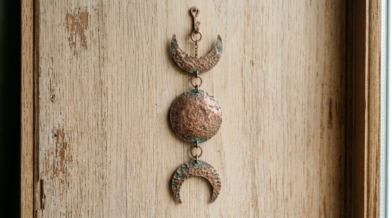 A vertical metal ornament featuring a crescent, full, and crescent moon attached by rings against weathered wood.