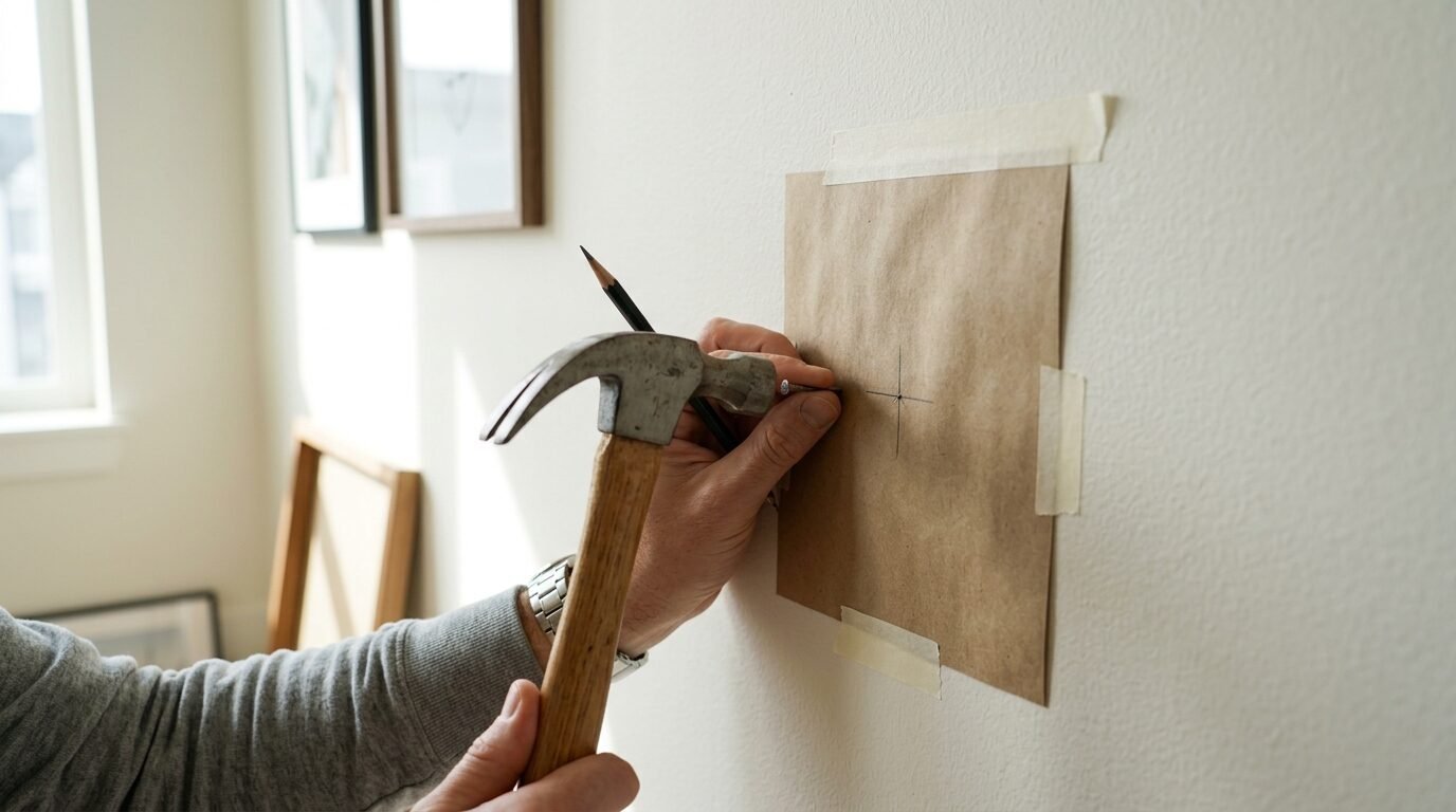 Close-up of a person holding a hammer and pencil while aligning a nail over a cross mark on brown paper taped to a wall.