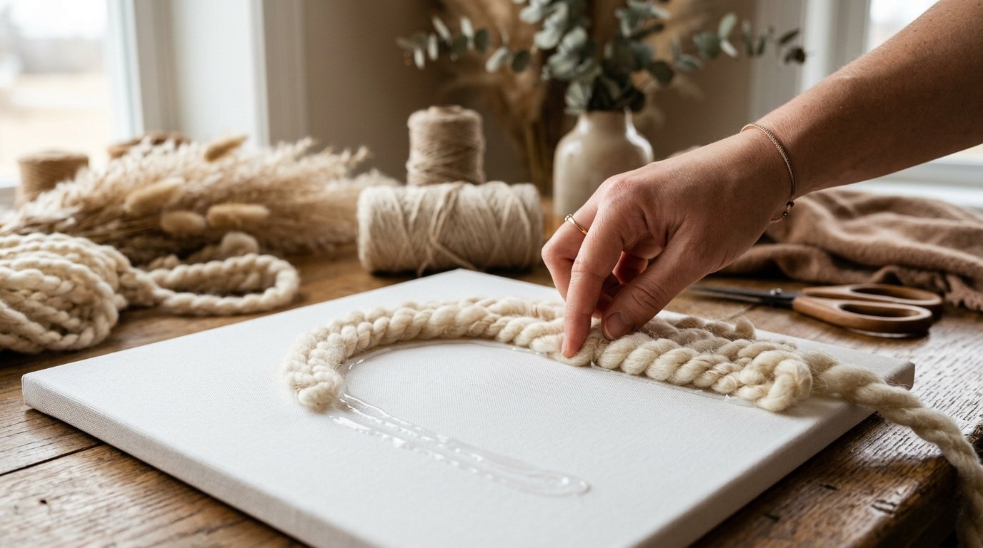 Close-up of a hand pressing a thick strand of cream-colored yarn onto a canvas covered in glue.