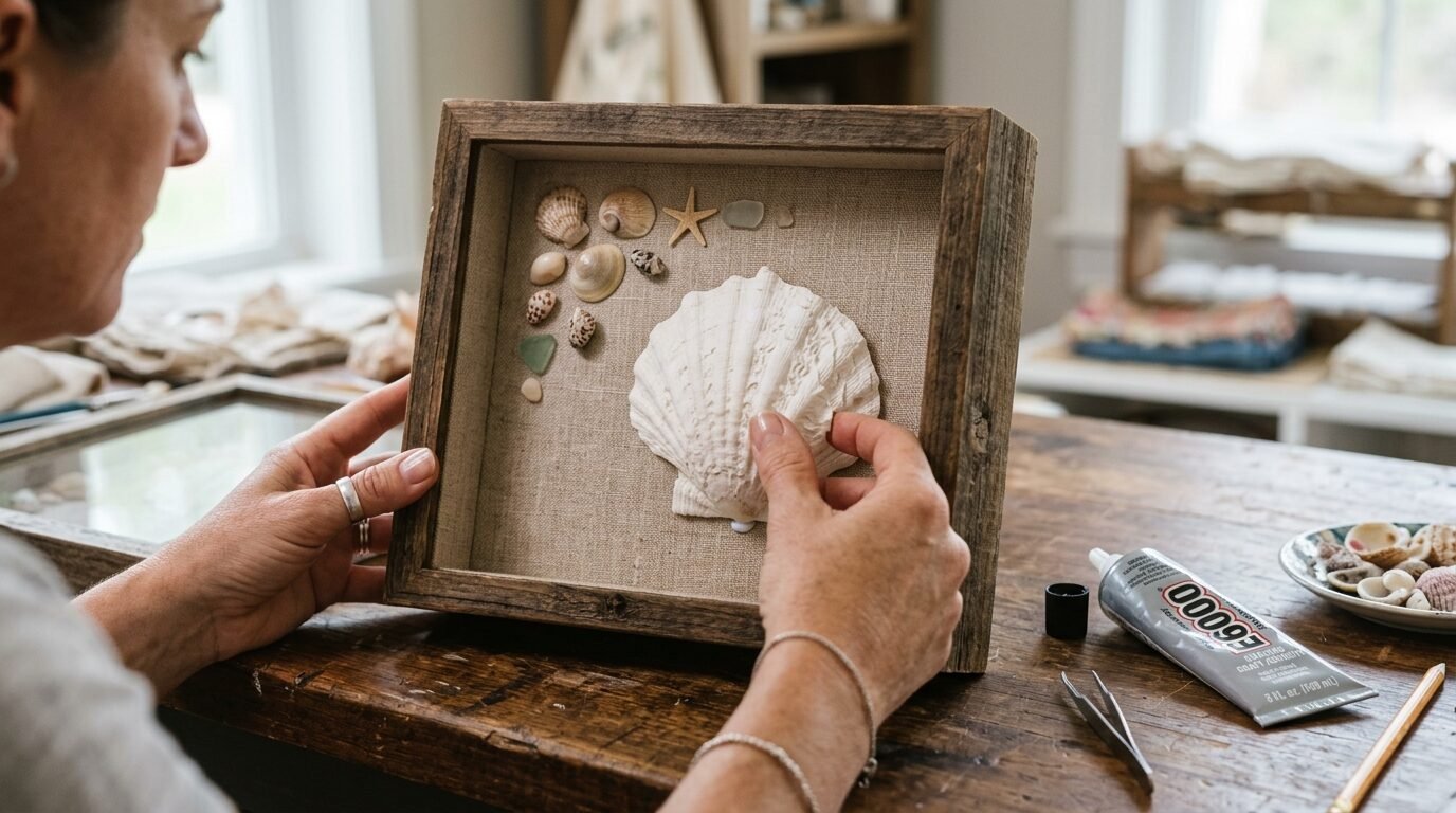 Person gluing a large white clam shell onto a linen-backed rustic wooden display frame.