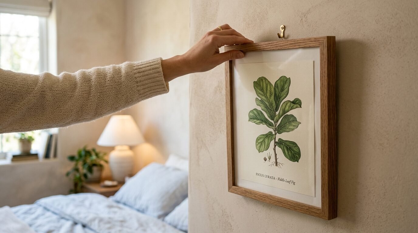 A person adjusting a wooden framed botanical illustration of a Ficus Lyrata plant on a textured beige wall.