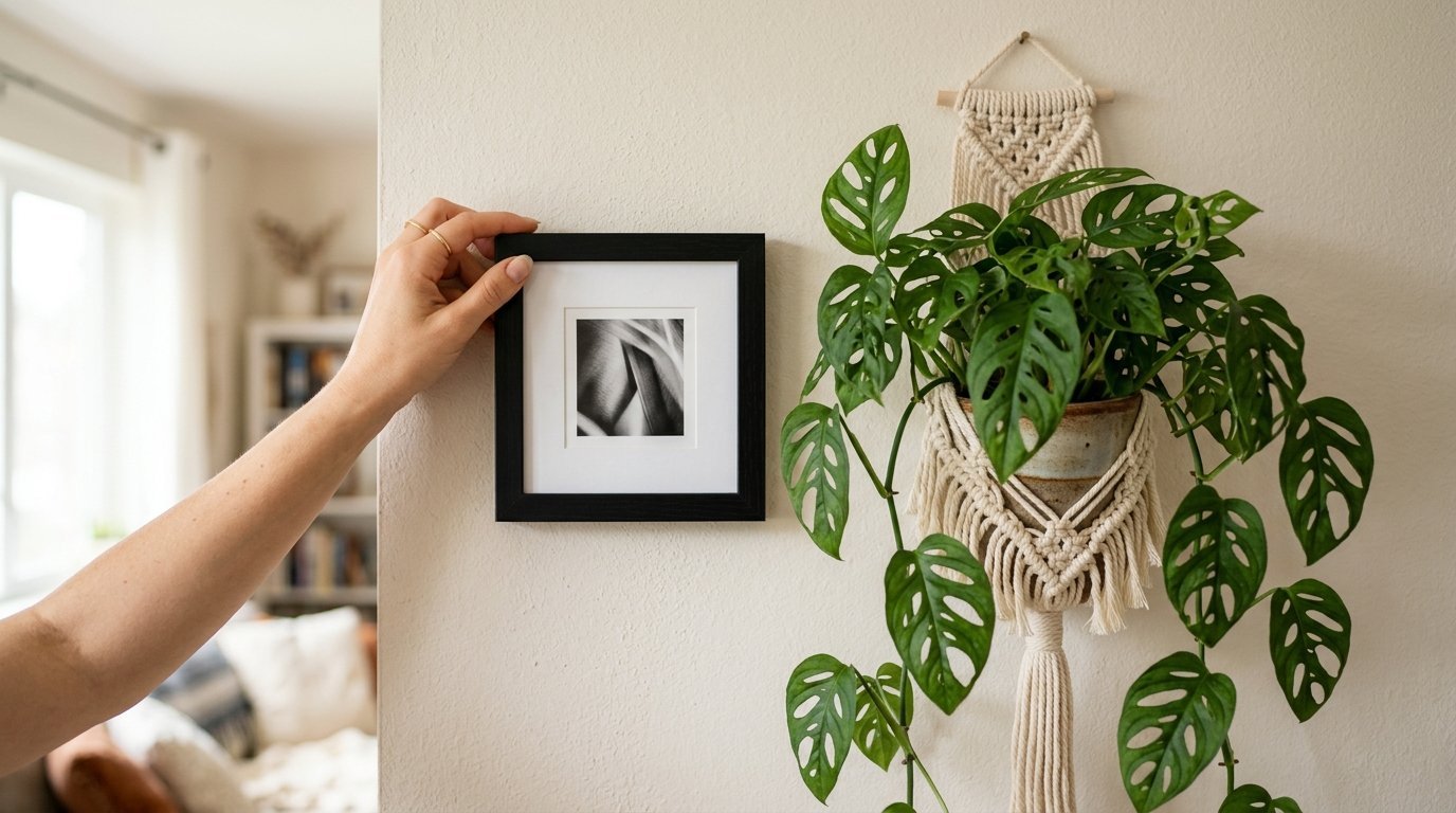 A hand adjusts a framed abstract photo next to a hanging macrame planter with a monstera adansonii vine.