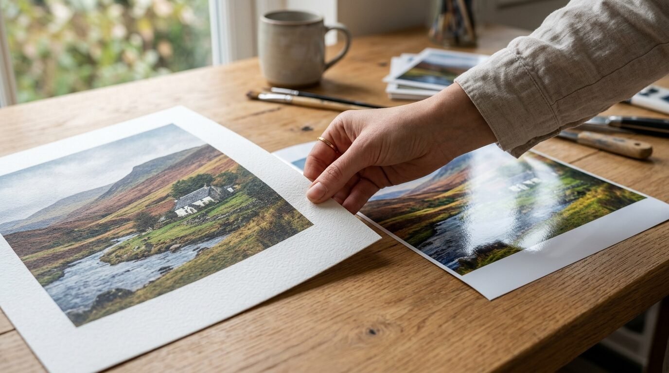 A person holding a textured paper print of a highland cottage beside a glossy photo on a table.